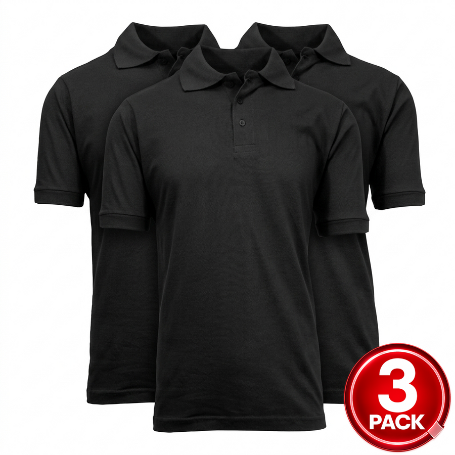 3-Pack Adult Short Sleeve Pique School Uniform Polo Shirt — Black