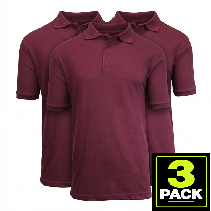 3-Pack Mens Short Sleeve Pique School Uniform Polo Shirt — Burgundy