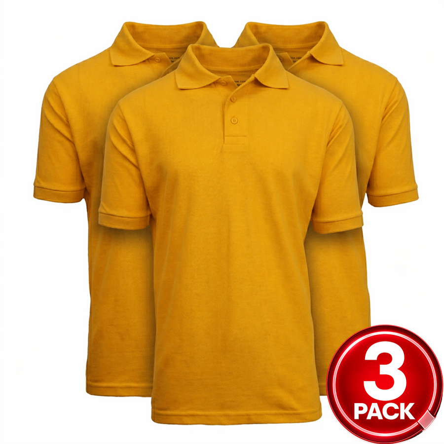 3-Pack Adult Short Sleeve Pique School Uniform Polo Shirt — Gold