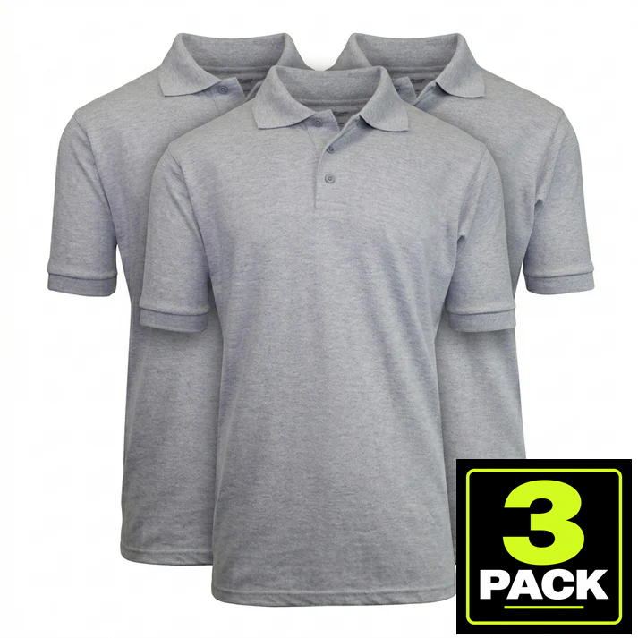 3-Pack Mens Short Sleeve Pique School Uniform Polo Shirt — Heather Grey