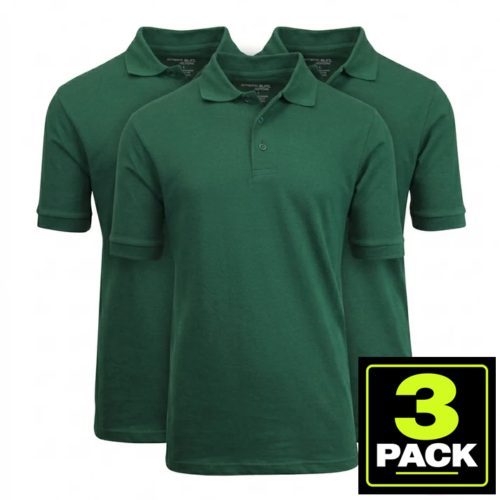 3-Pack Mens Short Sleeve Pique School Uniform Polo Shirt — Hunter Green