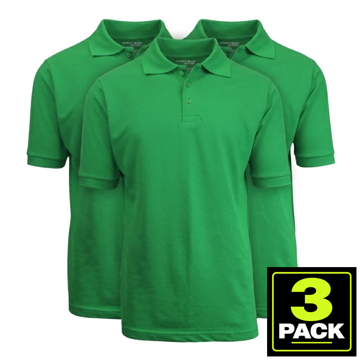 3-Pack Mens Short Sleeve Pique School Uniform Polo Shirt — Kelly Green