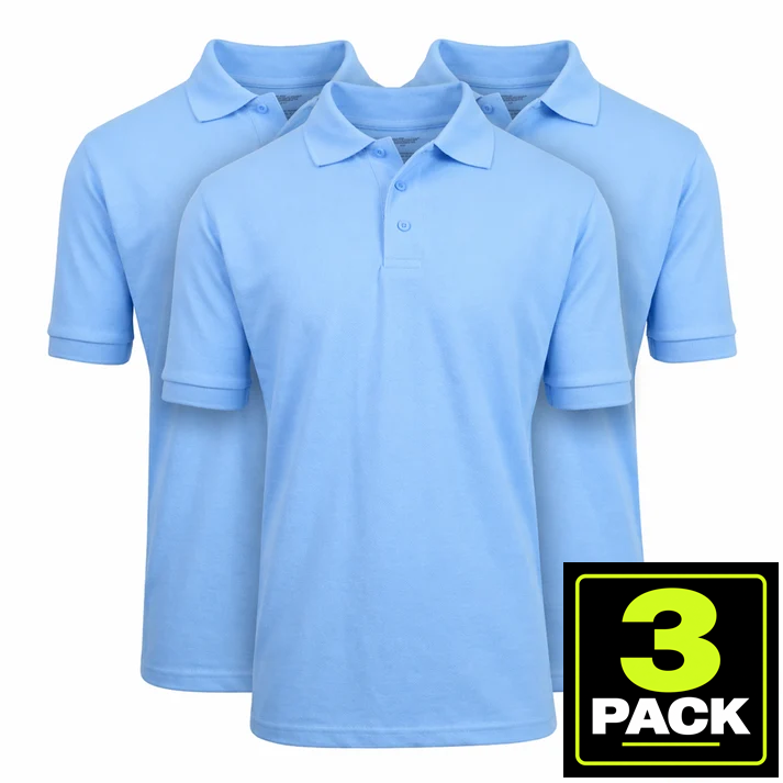 3-Pack Mens Short Sleeve Pique School Uniform Polo Shirt — Light Blue
