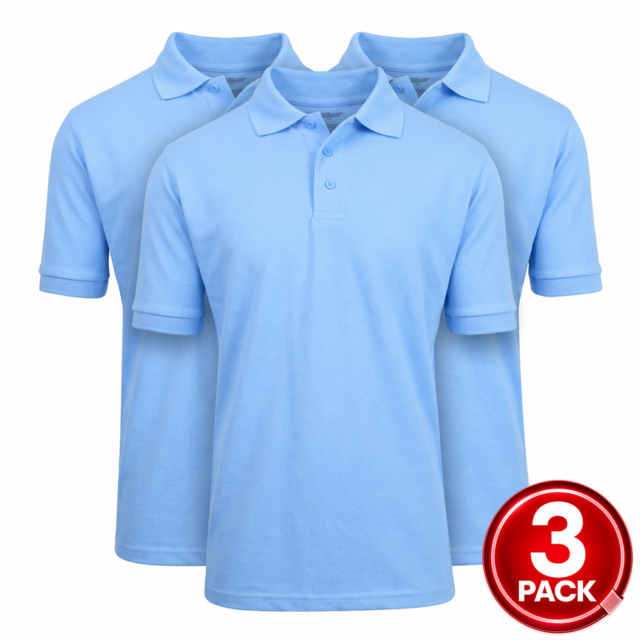 3-Pack Adult Short Sleeve Pique School Uniform Polo Shirt — Light Blue