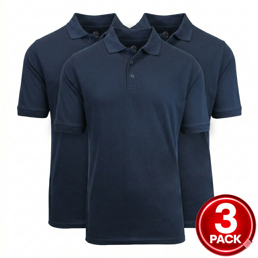3-Pack Adult Short Sleeve Pique School Uniform Polo Shirt — Navy