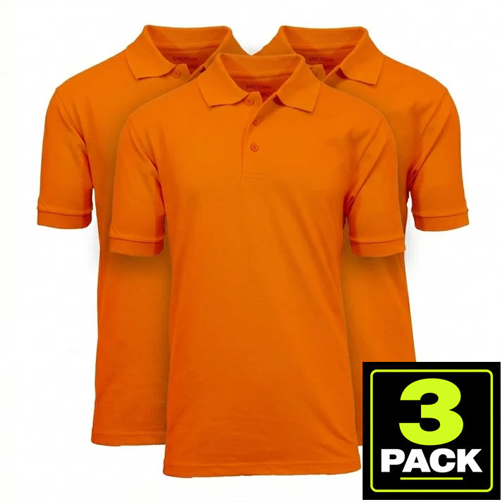 3-Pack Mens Short Sleeve Pique School Uniform Polo Shirt — Orange