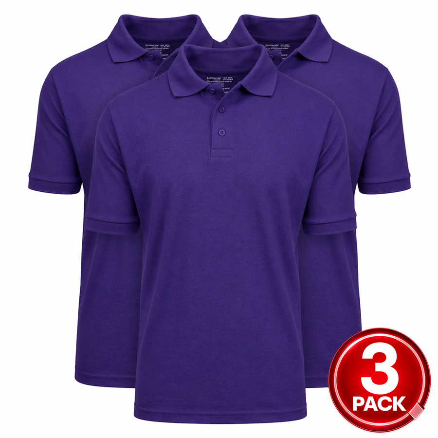 3-Pack Adult Short Sleeve Pique School Uniform Polo Shirt — Purple