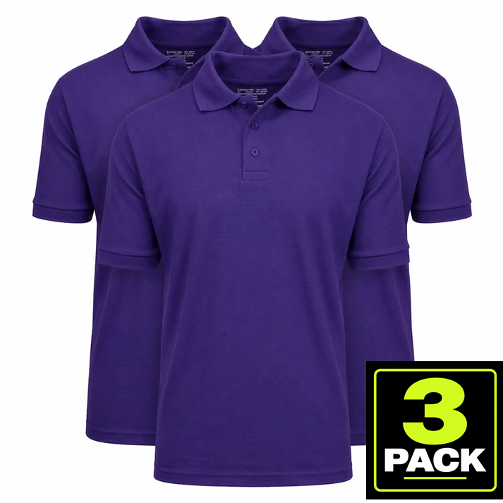 3-Pack Mens Short Sleeve Pique School Uniform Polo Shirt — Purple