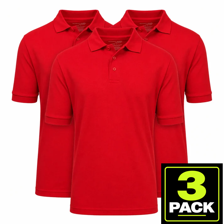 3-Pack Mens Short Sleeve Pique School Uniform Polo Shirt — Red