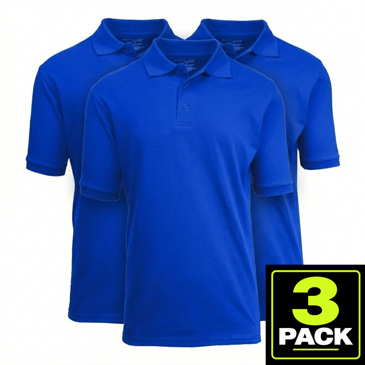 3-Pack Mens Short Sleeve Pique School Uniform Polo Shirt — Royal Blue