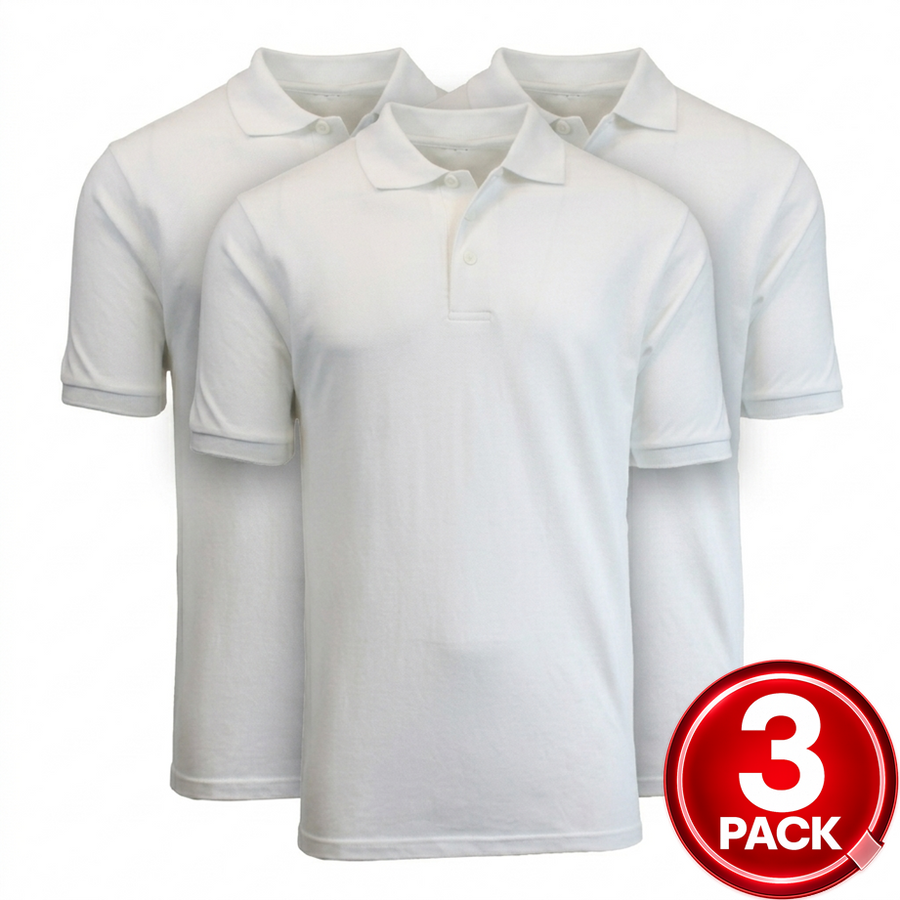 3-Pack Adult Short Sleeve Pique School Uniform Polo Shirt — White