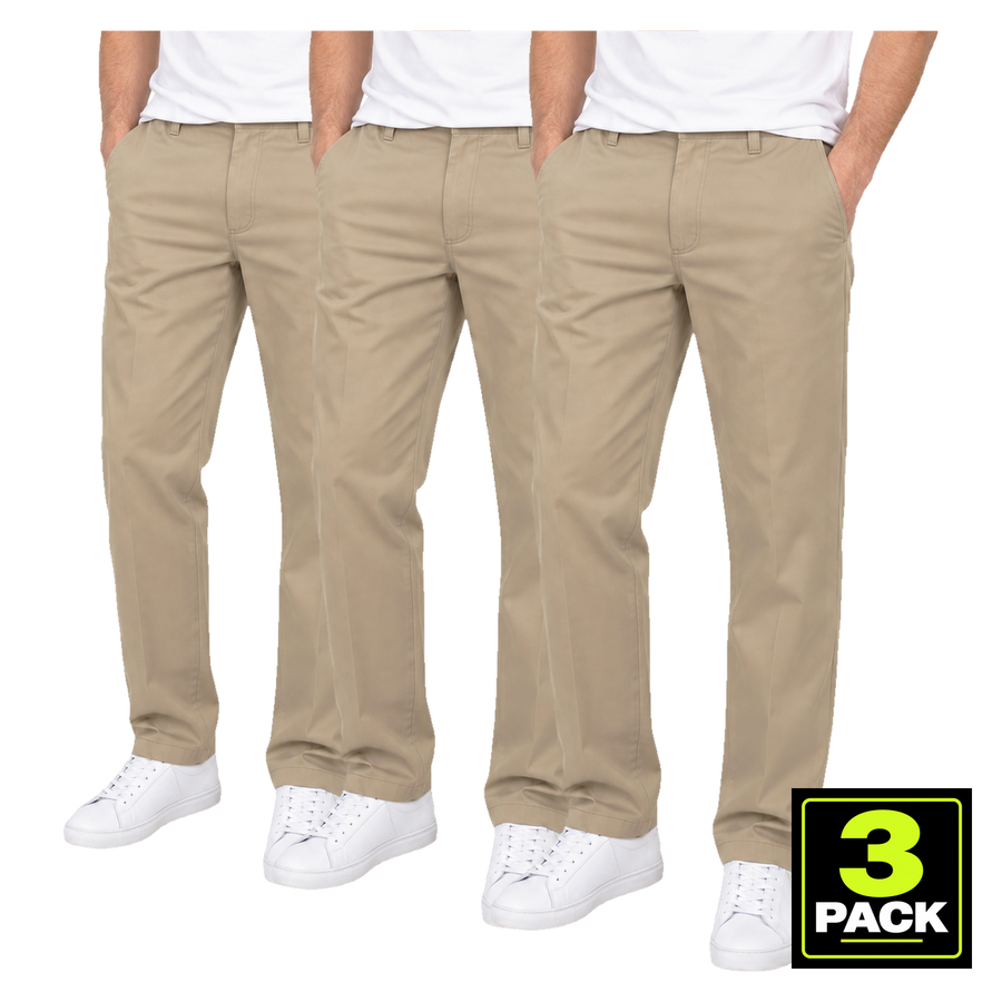 Men's 3-Pack Flat Front School Uniform Chino Pants — Khaki