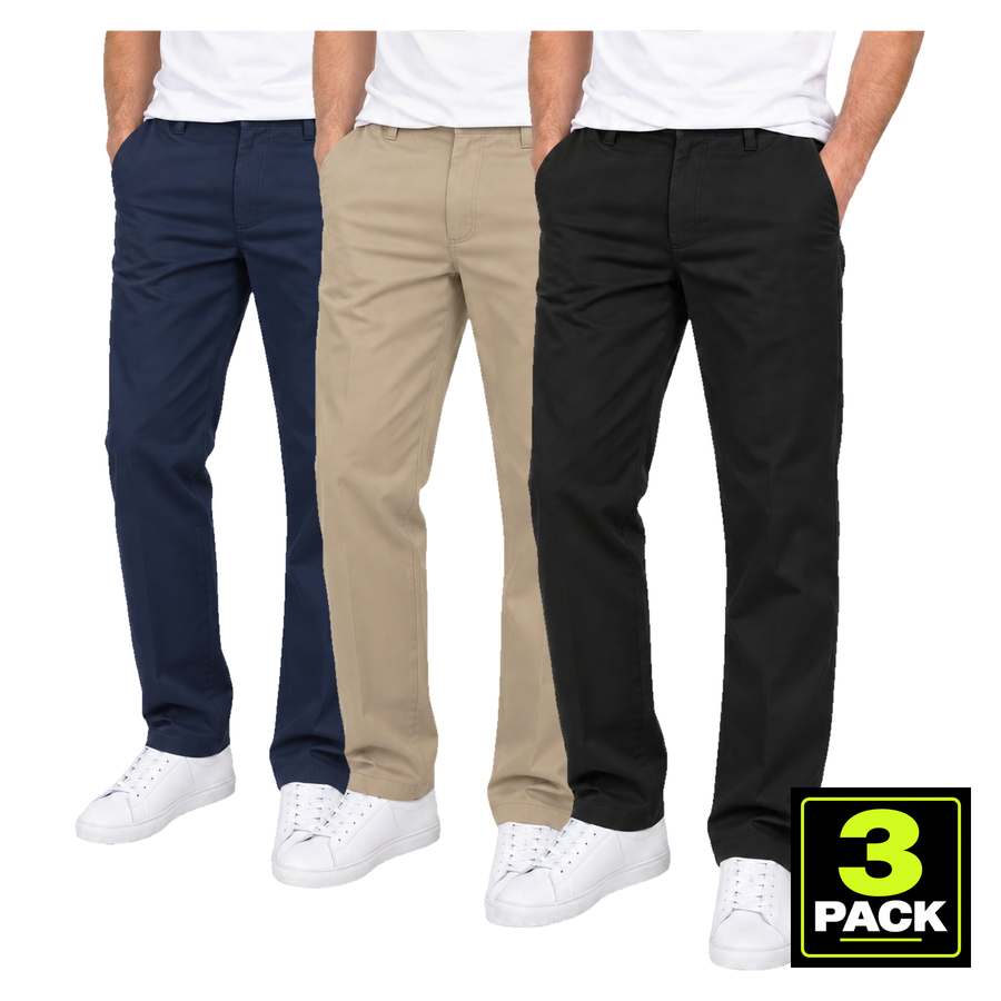 Men's 3-Pack Flat Front School Uniform Chino Pants — Navy / Khaki / Black