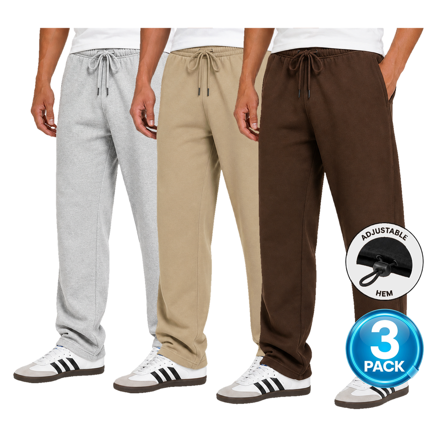 Men's 3 Pack Classic Fleece Sweatpants with Adjustable Drawcord Bottom — Grey / Brown / Khaki
