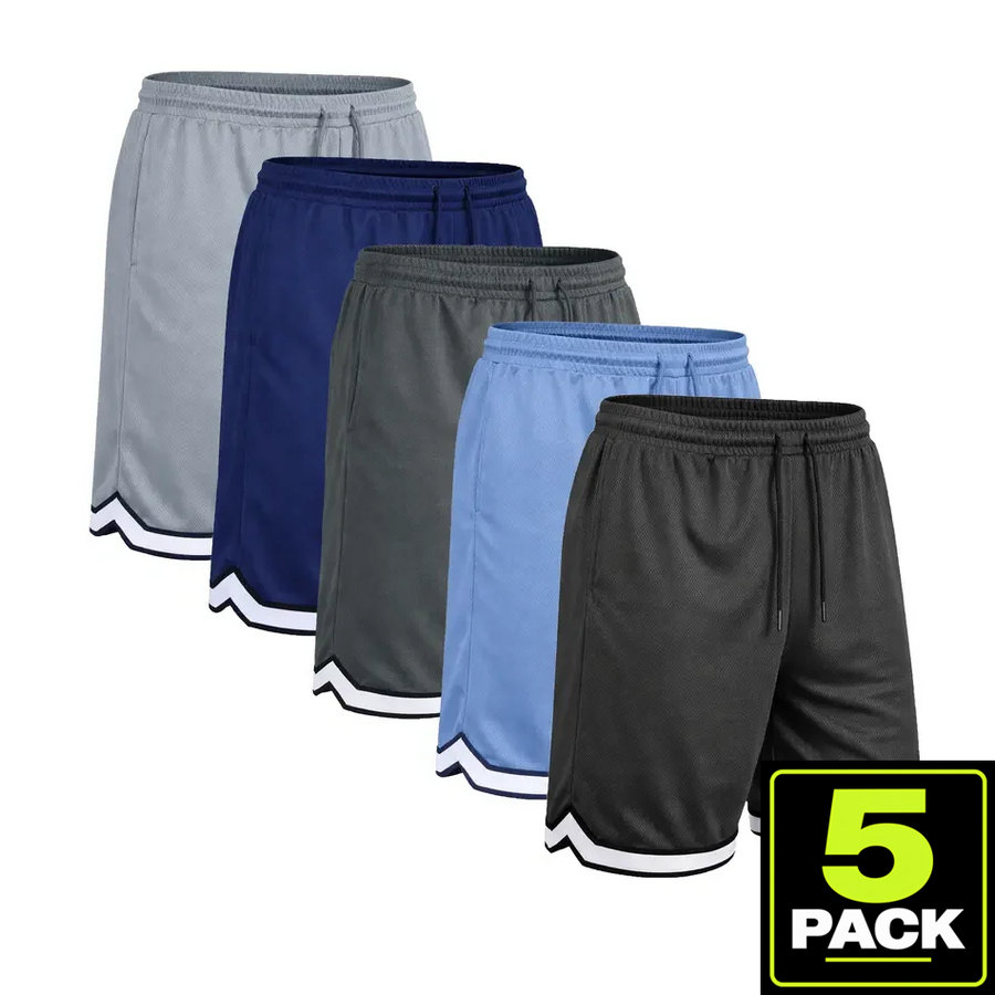 Men's 5-Pack Mesh Athletic Shorts with Trim — Black / Carolina / Charcoal / Navy / Silver