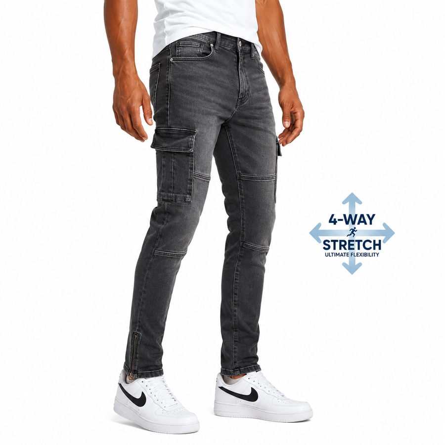 Men's Stretch Slim Straight Cargo Pocket Jeans — Black Wash