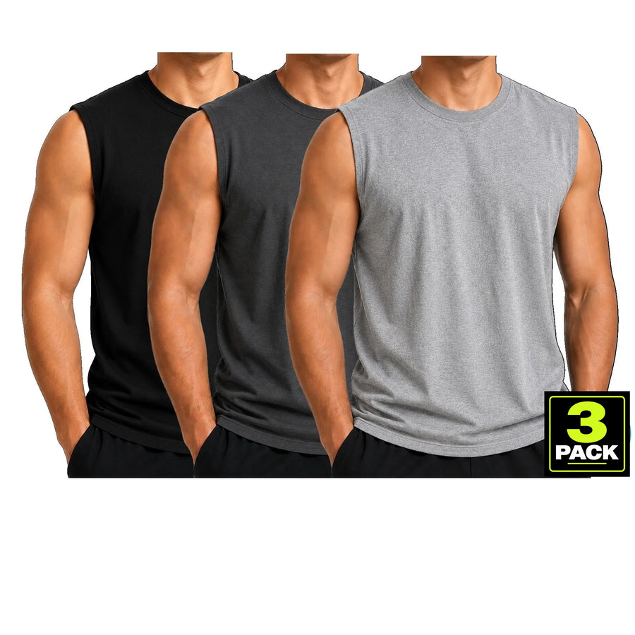 Men's 3-Pack Cotton Muscle Tee — Black / Charcoal / Heather Grey