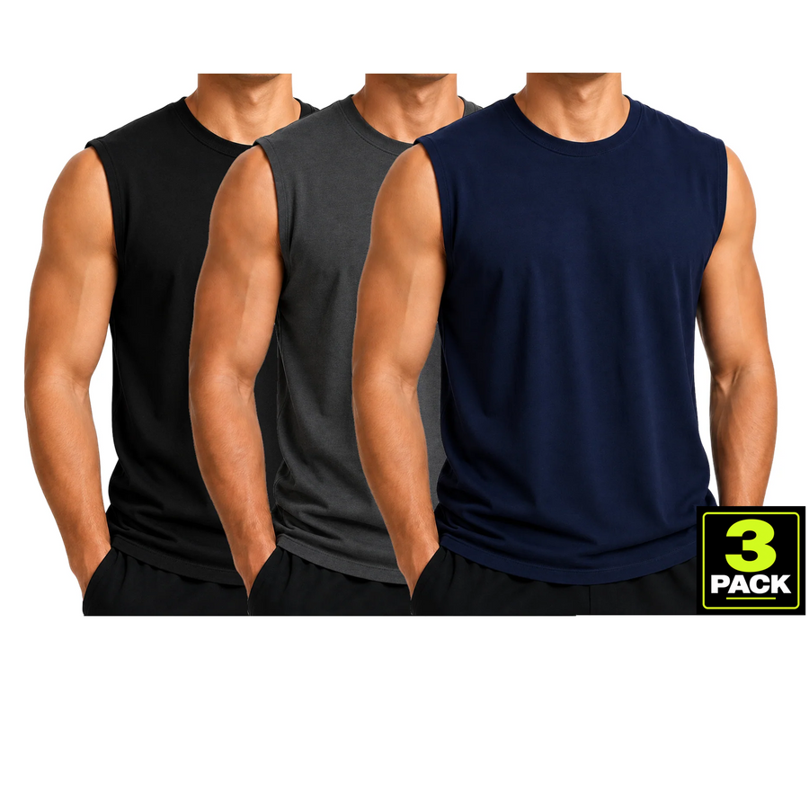 Men's 3-Pack Cotton Muscle Tee — Black / Charcoal / Navy