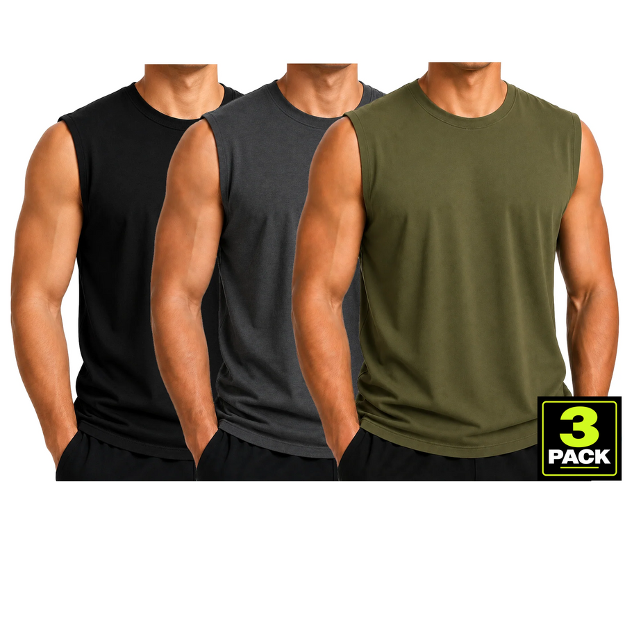 Men's 3-Pack Cotton Muscle Tee — Black / Charcoal / Olive