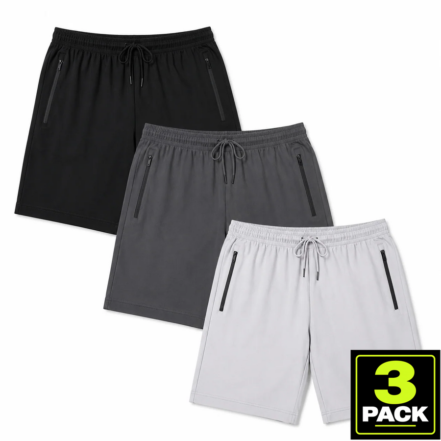 Men's 3-Pack Performance Workout Shorts With Zippered Pockets — Black / Charcoal / Silver