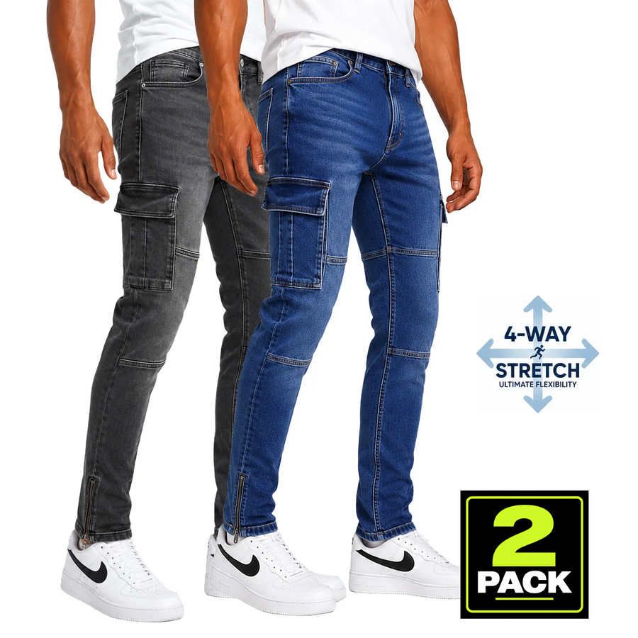 Men's 2-Pack Stretch Cargo Pocket Jeans — Black / Dark Wash
