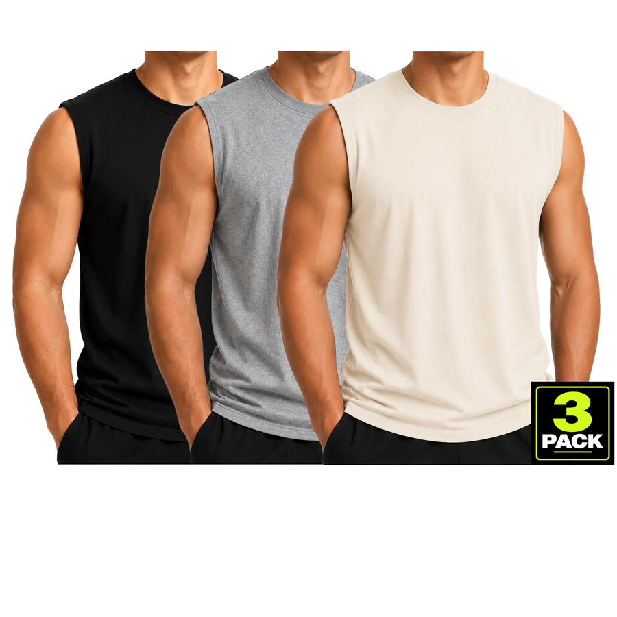 Men's 3-Pack Cotton Muscle Tee — Black / Heather Grey / Natural