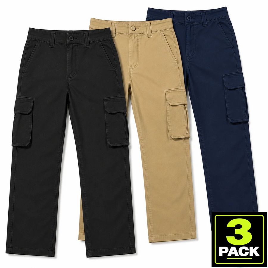 Young Men's 3-Pack Stretch Twill Cargo Pants — Black / Khaki / Navy