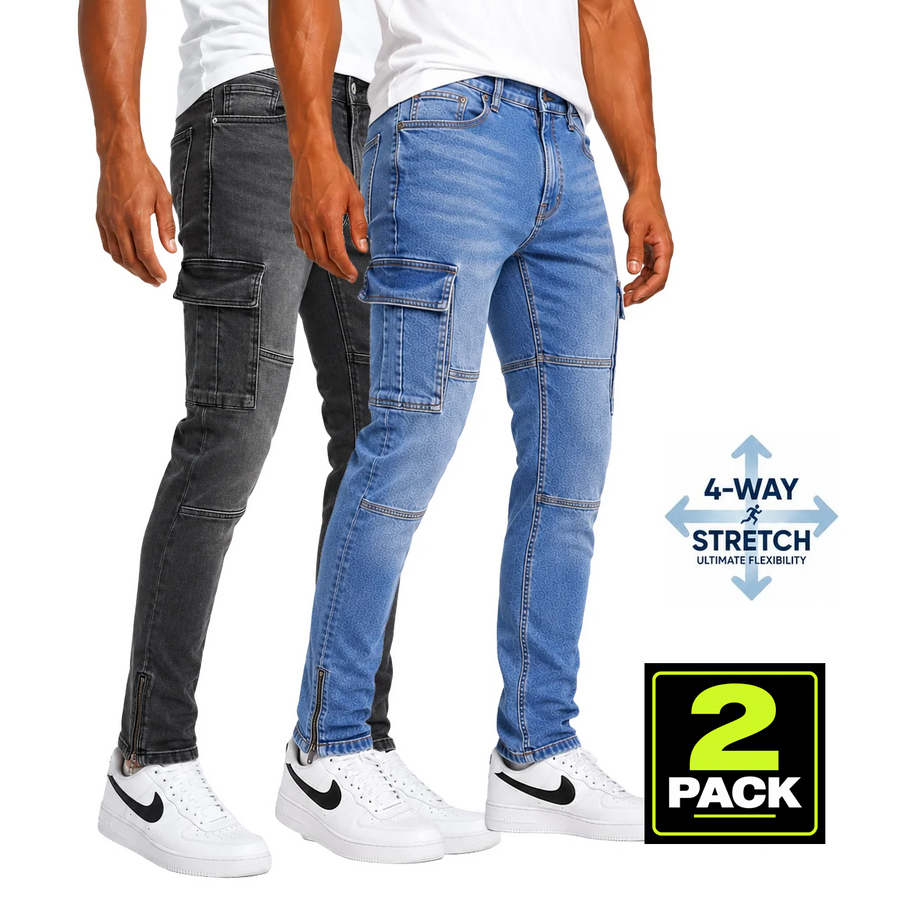 Men's 2-Pack Stretch Cargo Pocket Jeans — Black / Medium Wash