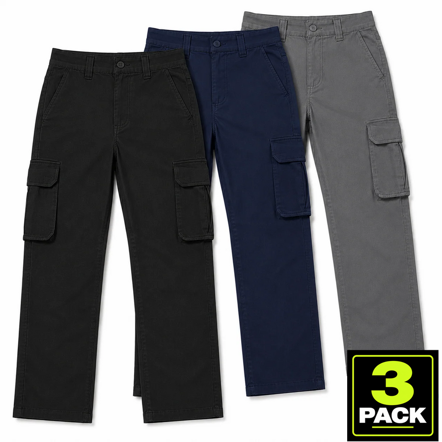 Young Men's 3-Pack Stretch Twill Cargo Pants — Black / Navy / Grey