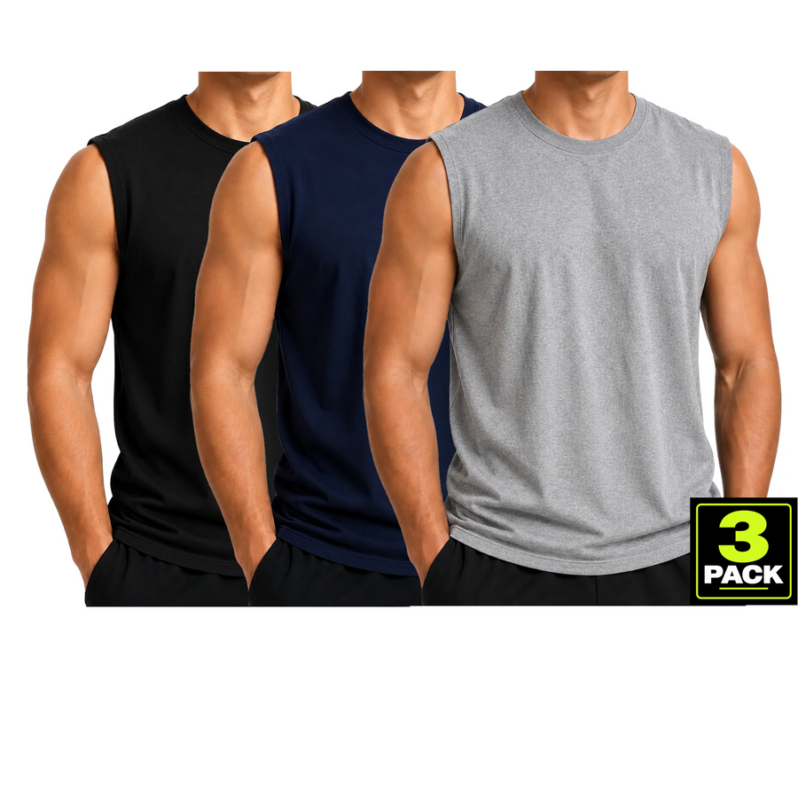 Men's 3-Pack Cotton Muscle Tee — Black / Navy / Heather Grey