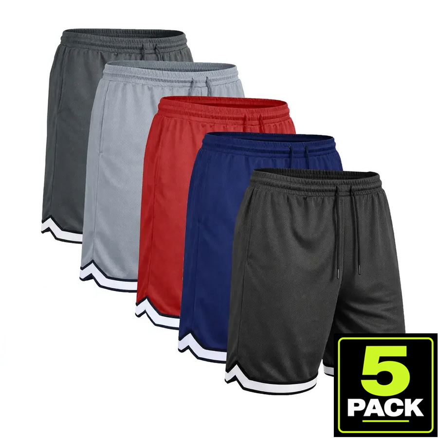 Men's 5-Pack Mesh Athletic Shorts with Trim — Black / Navy / Red / Silver / Charcoal