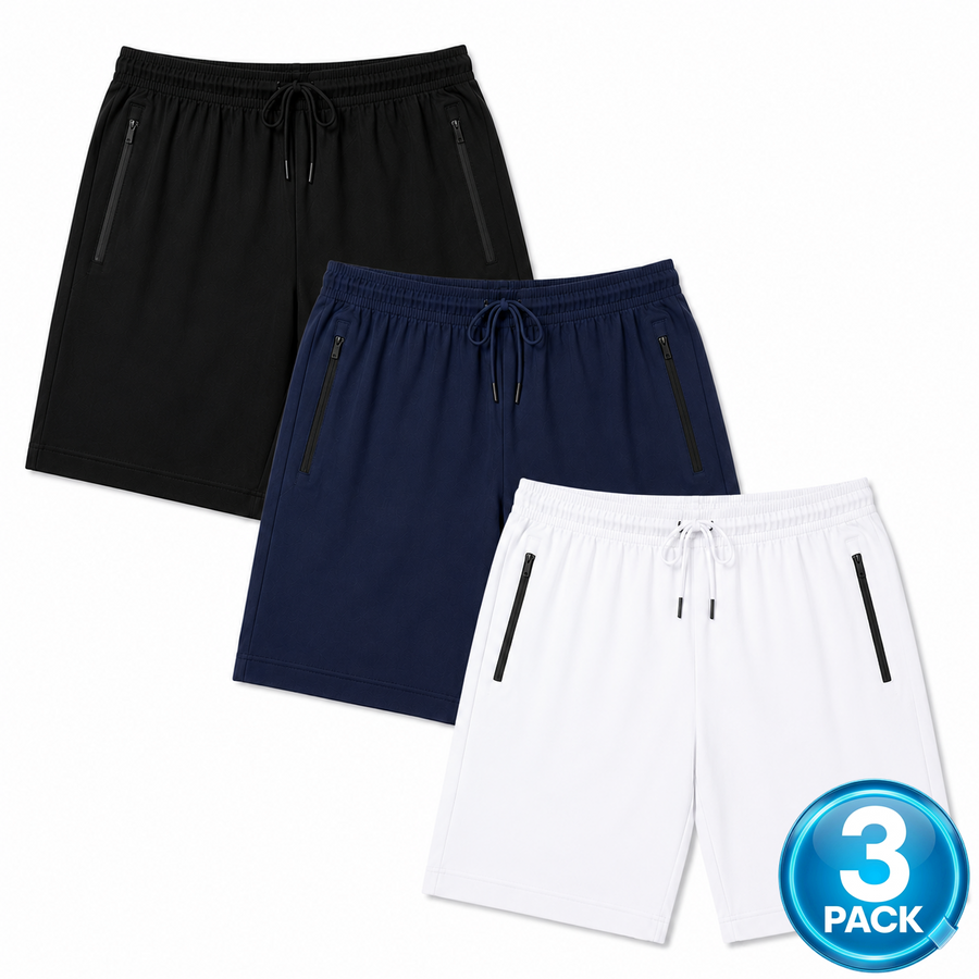 Men's 3-Pack Performance Workout Shorts With Zippered Pockets — Black / Navy / White