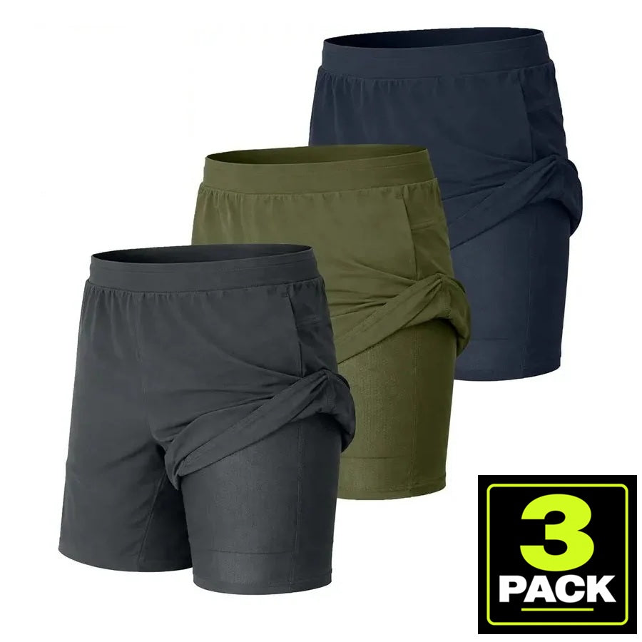 Men's 3-Pack Workout Shorts with Compression Liner — Black / Olive / Navy