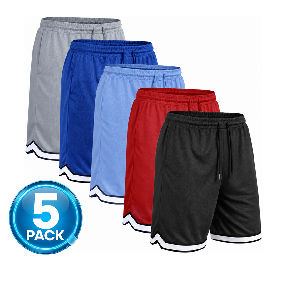 Men's 5-Pack Mesh Athletic Shorts with Trim — Black / Red / Carolina / Royal / Silver