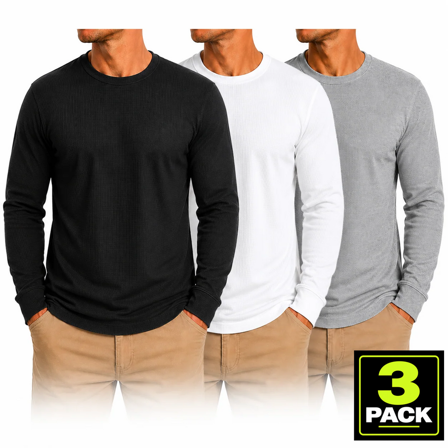 Men's 3-Pack Waffle-Knit Long Sleeve Thermal Shirt — Black / White / Heather Grey
