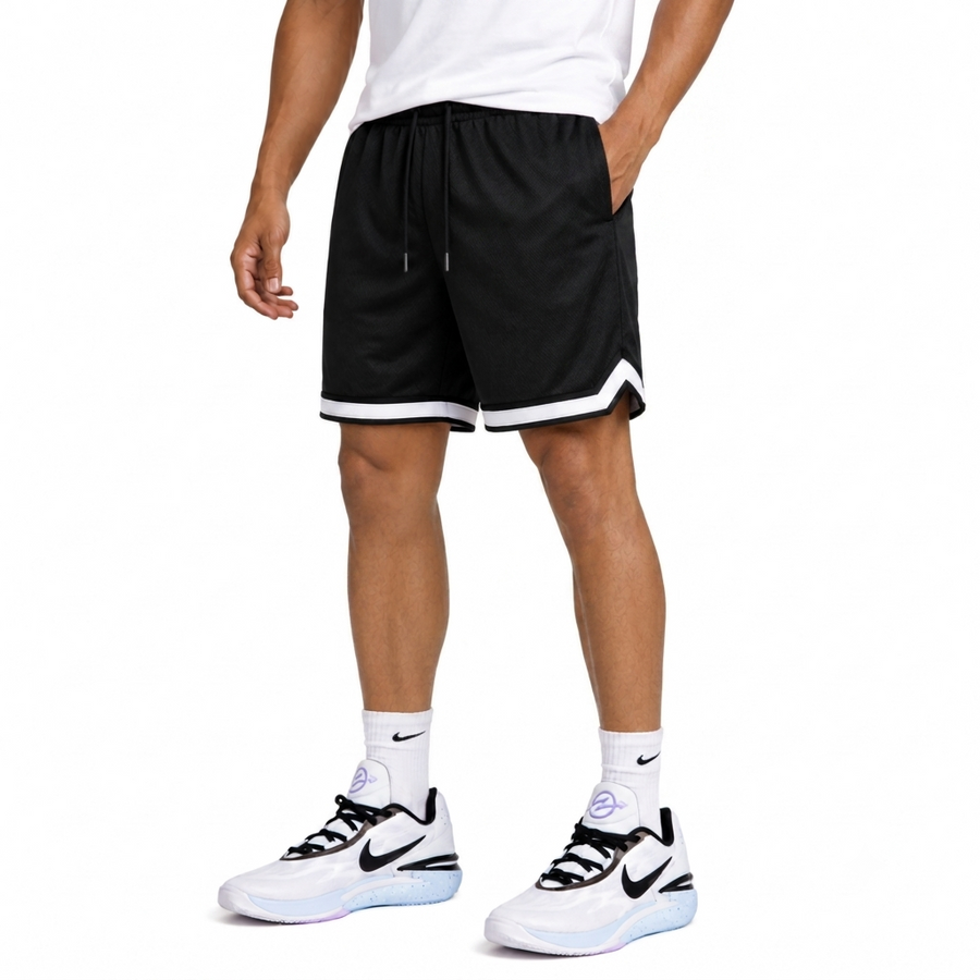 Men's Mesh Athletic Shorts With White Trim & Pockets — Black