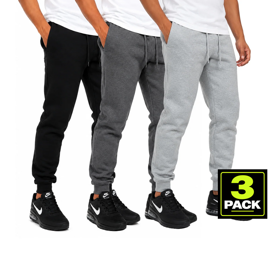 Men's 3-Pack Fleece Jogger Sweatpants — Black / Charcoal / Heather Grey
