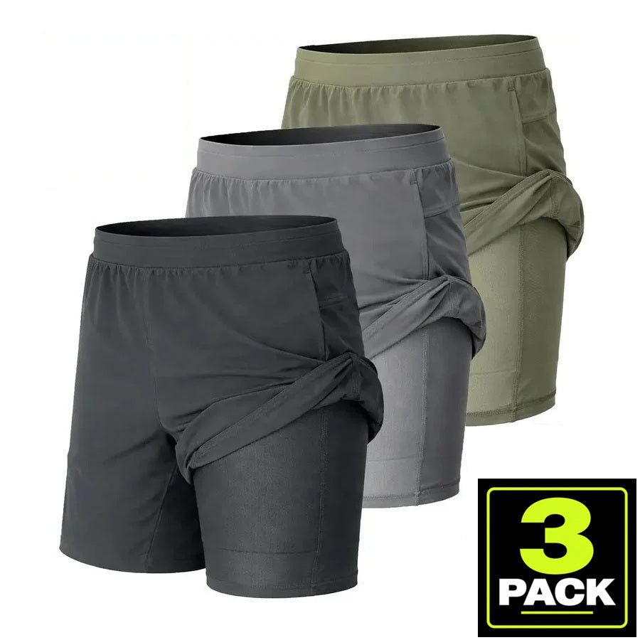 Men's 3-Pack Workout Shorts with Compression Liner — Charcoal / Grey / Sage