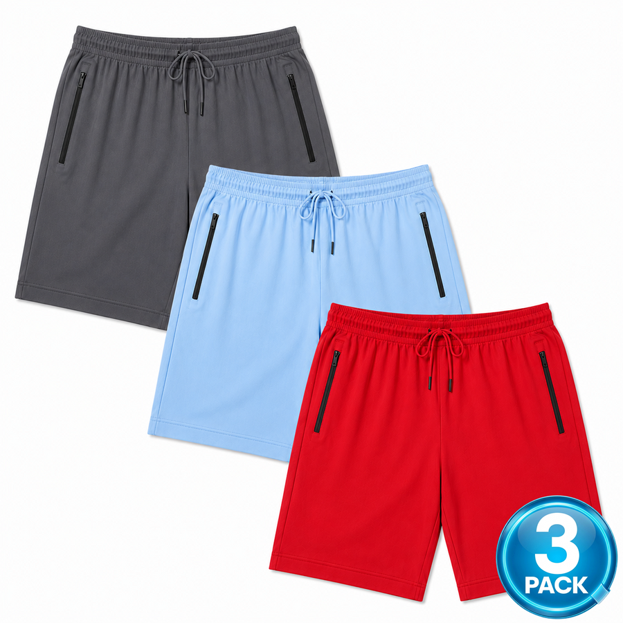 Men's 3-Pack -Pack Performance Workout Shorts With Zippered Pockets — Charcoal / Light Blue / Red