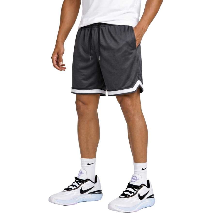 Men's Mesh Athletic Shorts With White Trim & Pockets — Charcoal
