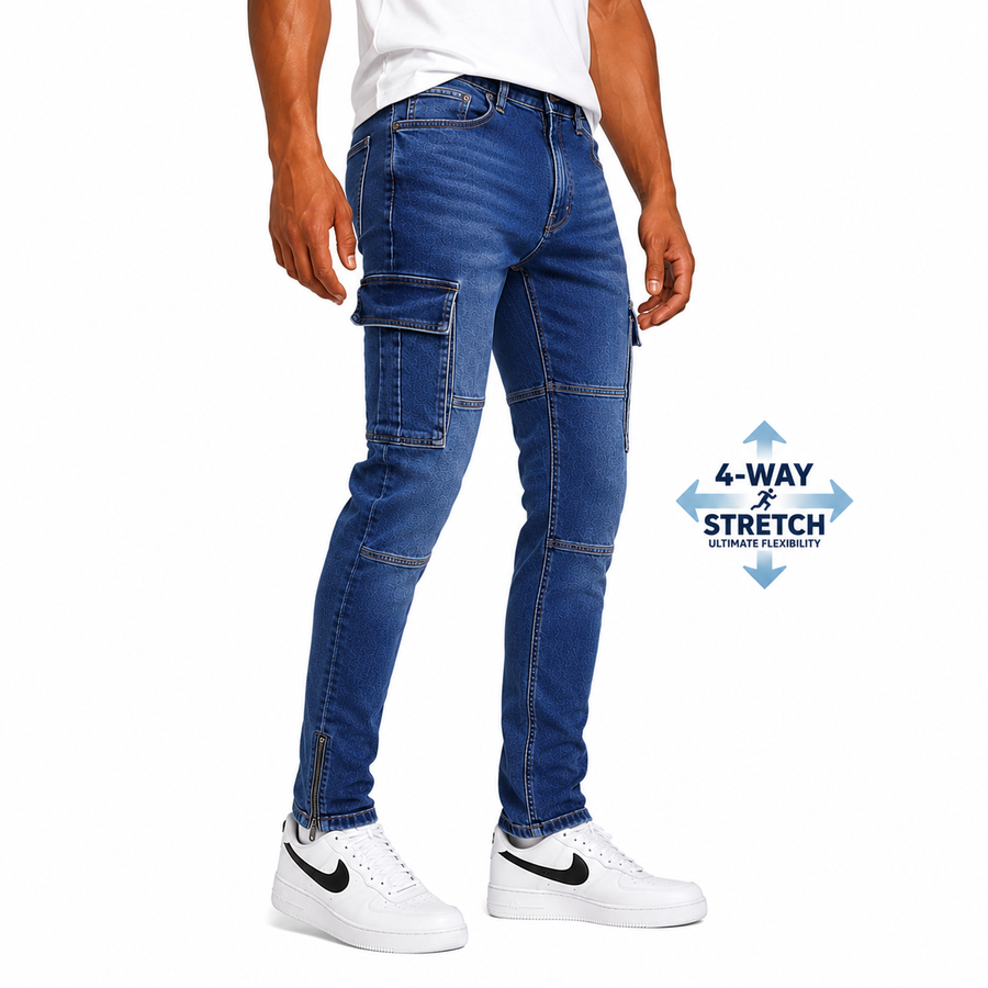 Men's Stretch Slim Straight Cargo Pocket Jeans — Dark Blue Wash