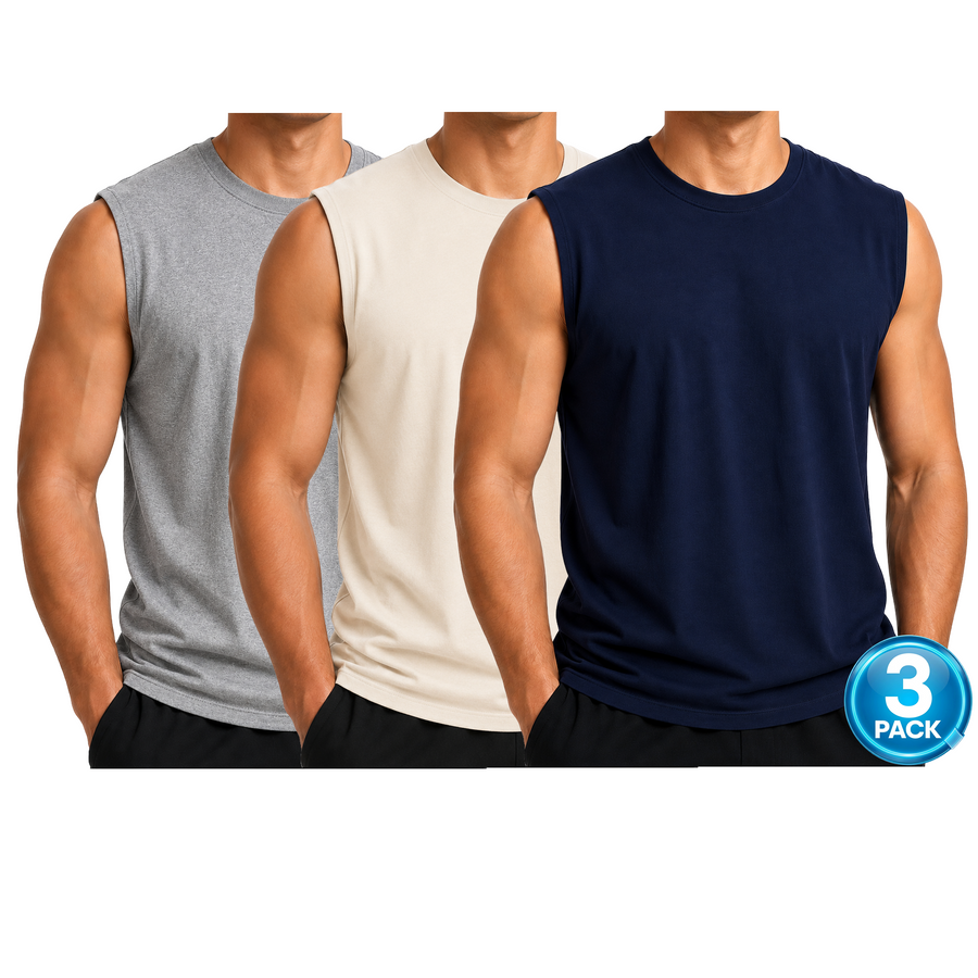 Men's 3-Pack Cotton Muscle Tee — Heather Grey / Natural / Navy