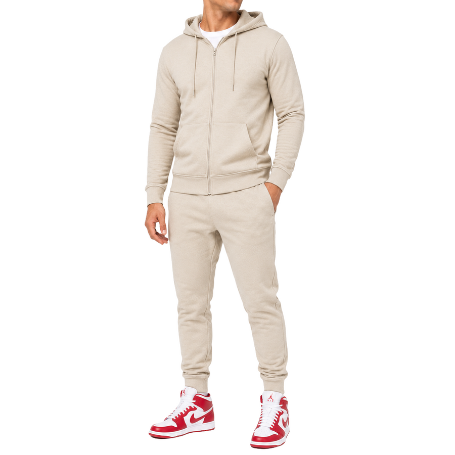 Men's French Lightweight Terry Zip-Up Hoodie & Jogger Set — Khaki