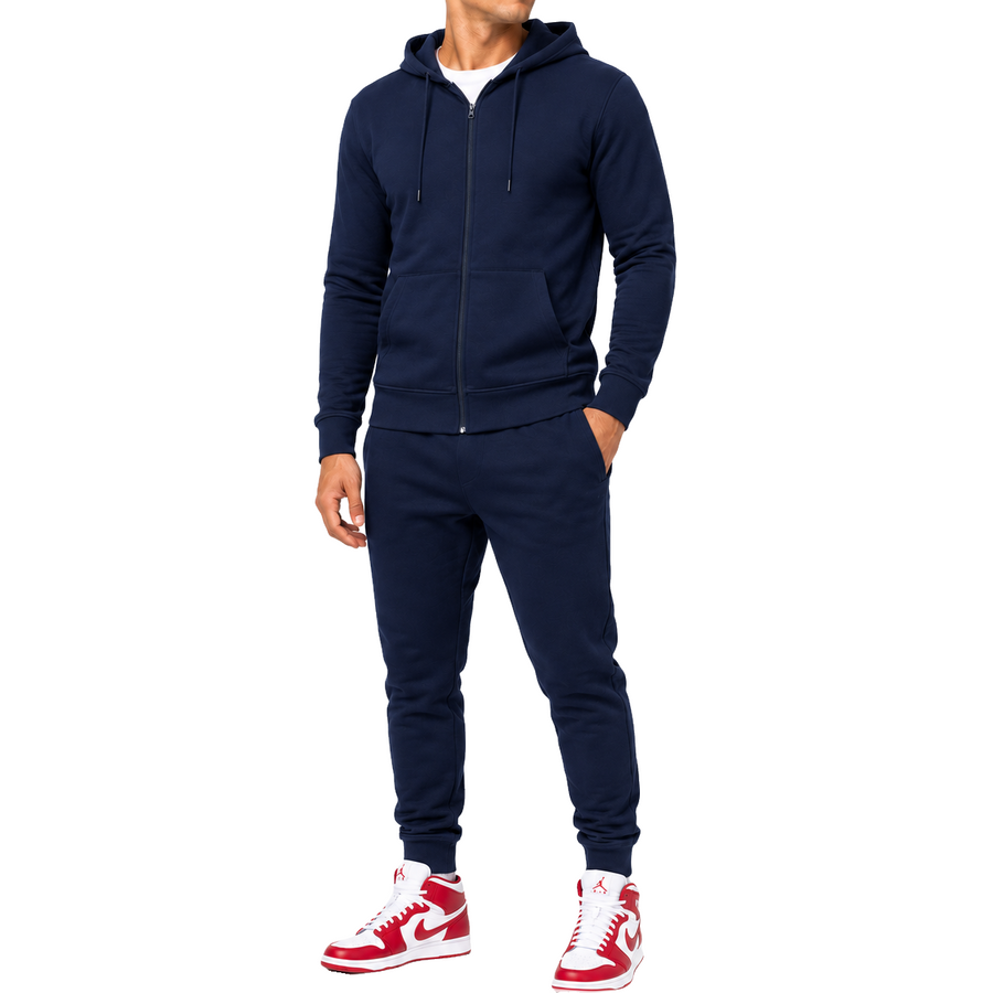 Men's French Lightweight Terry Zip-Up Hoodie & Jogger Set — Navy