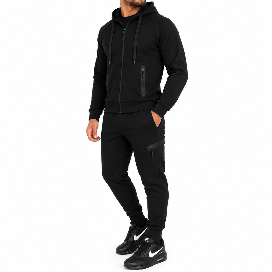 Men's Lightweight Tech Fleece Zip-Up Hoodie & Jogger 2-Piece Set — black