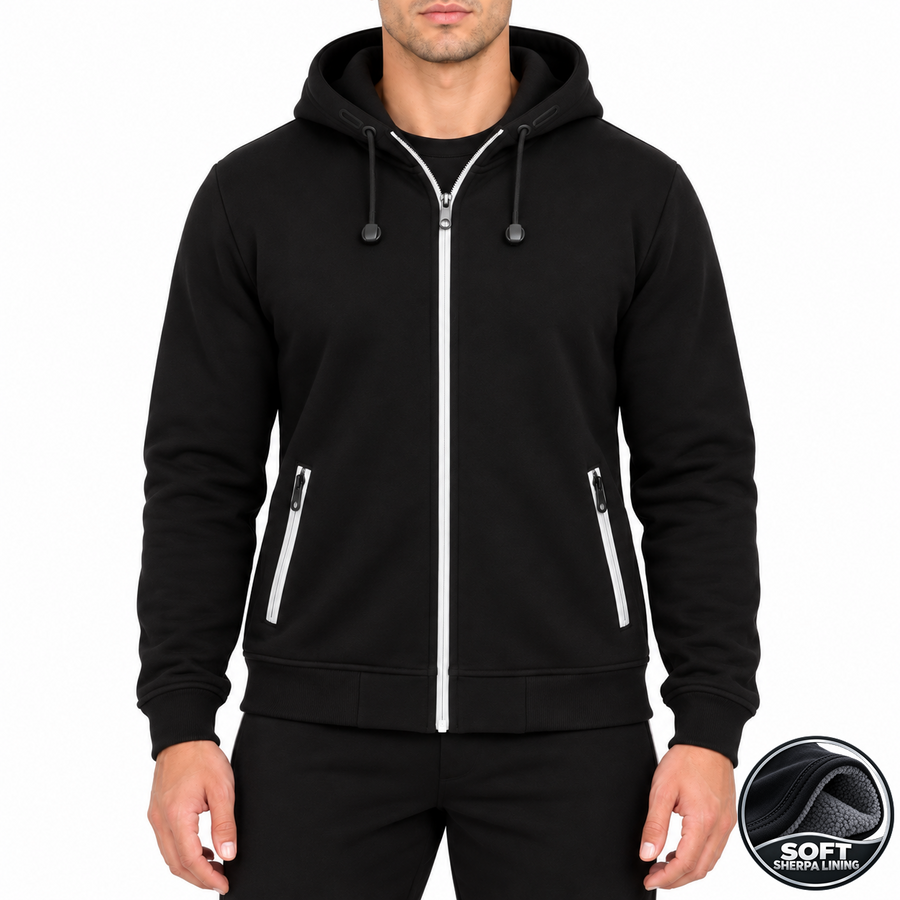 Men's Heavyweight Sherpa Fleece-Lined Full Zip Hoodie — Black