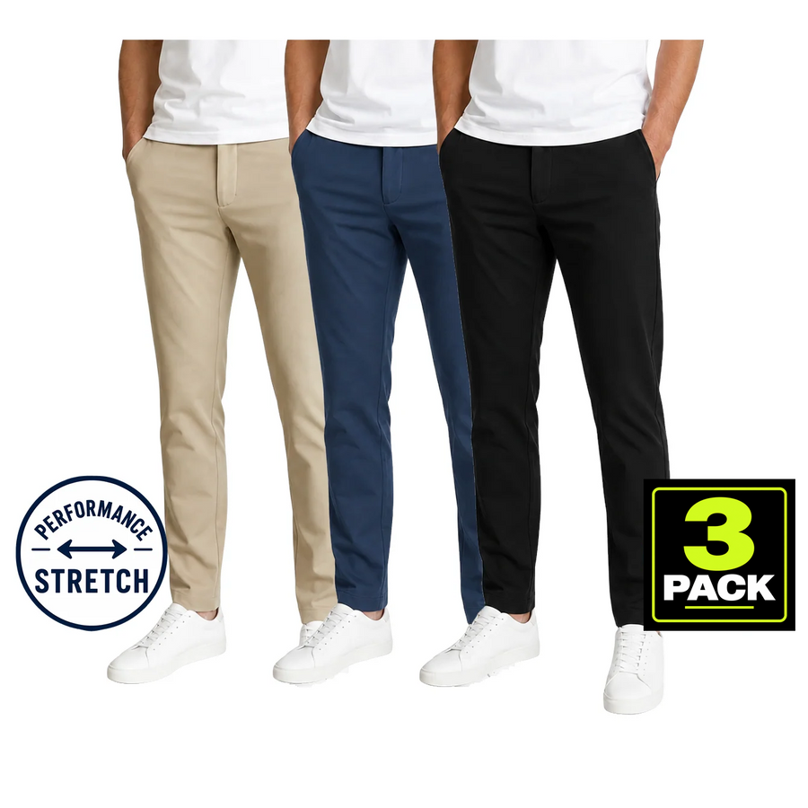 Young Men's 3-Pack Stretch Performance Fit Pants — Khaki / Navy / Black