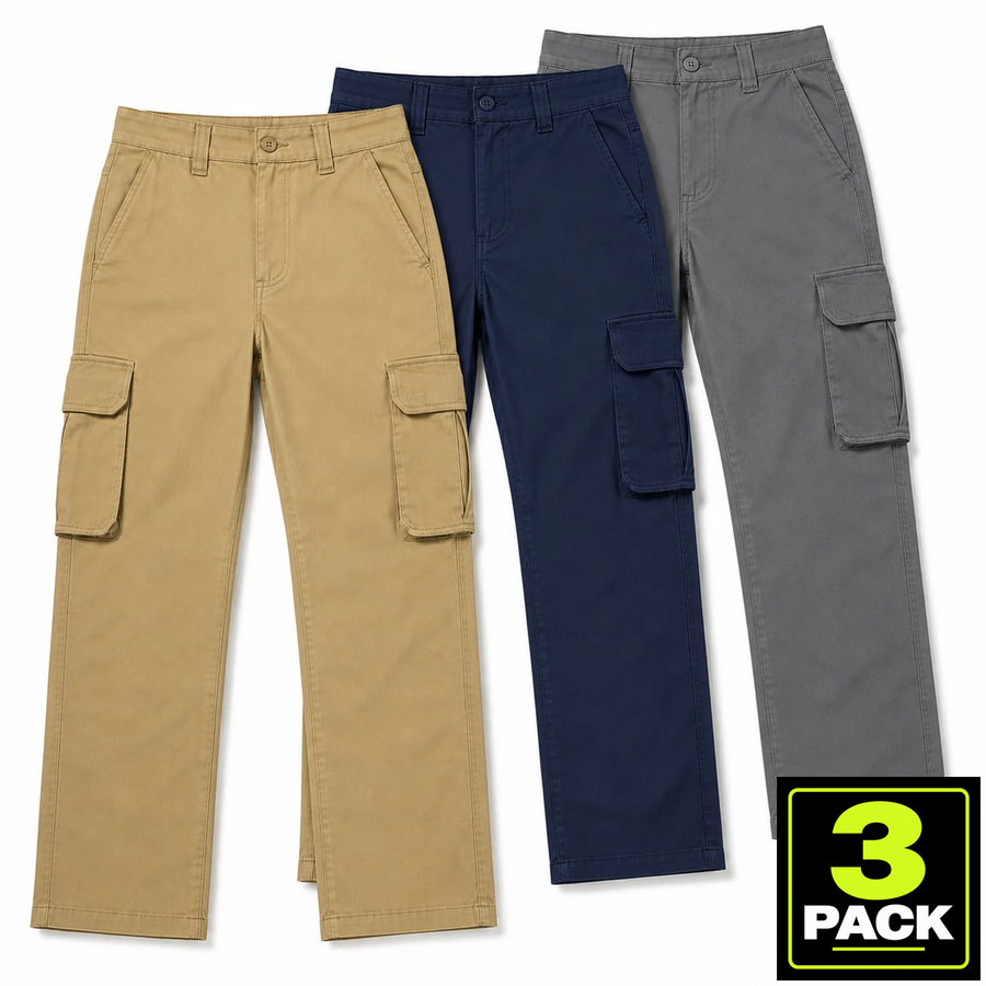 Young Men's 3-Pack Stretch Twill Cargo Pants — Khaki / Navy / Grey
