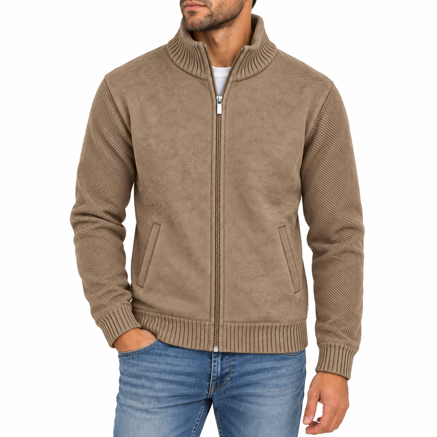 Men's Fleece Lined Full Zip Knit Textured Sweater — Camel