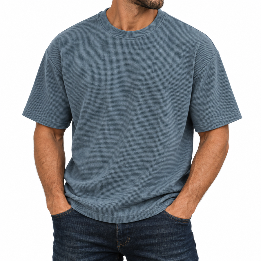 Men's Heavyweight Micro Waffle Knit Drop Shoulder Short Sleeve Tee — Steel Blue